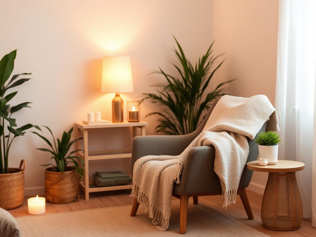 Calm, welcoming hypnotherapy room with soft lighting