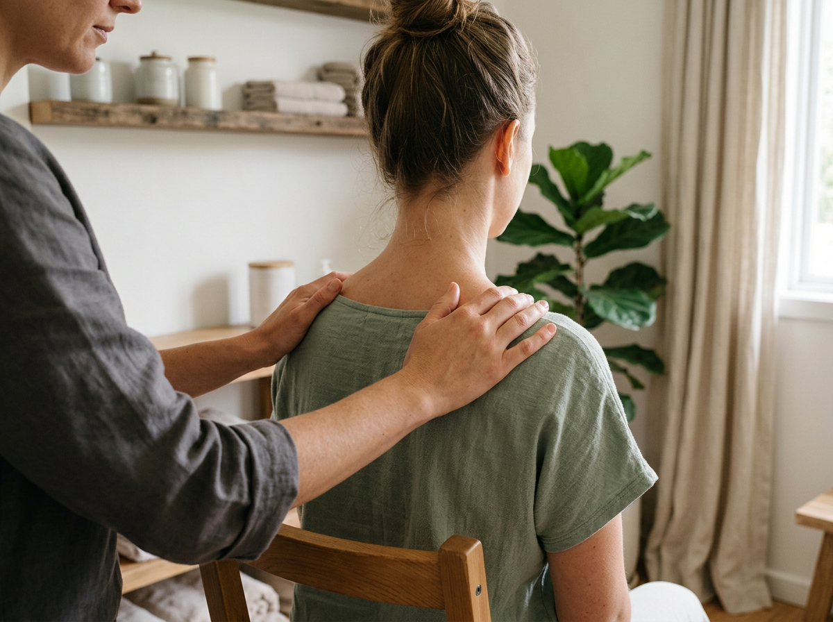 A practitioner placing both hands gently on a client's upper back and shoulders in a calm clinic