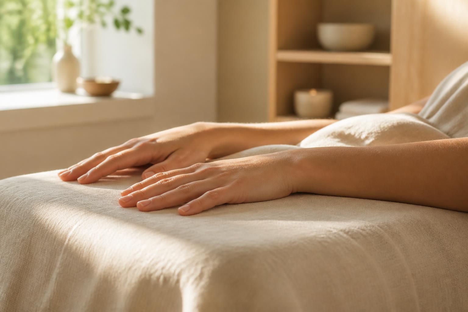 Close-up of a person's relaxed hands resting on a soft linen-draped treatment table