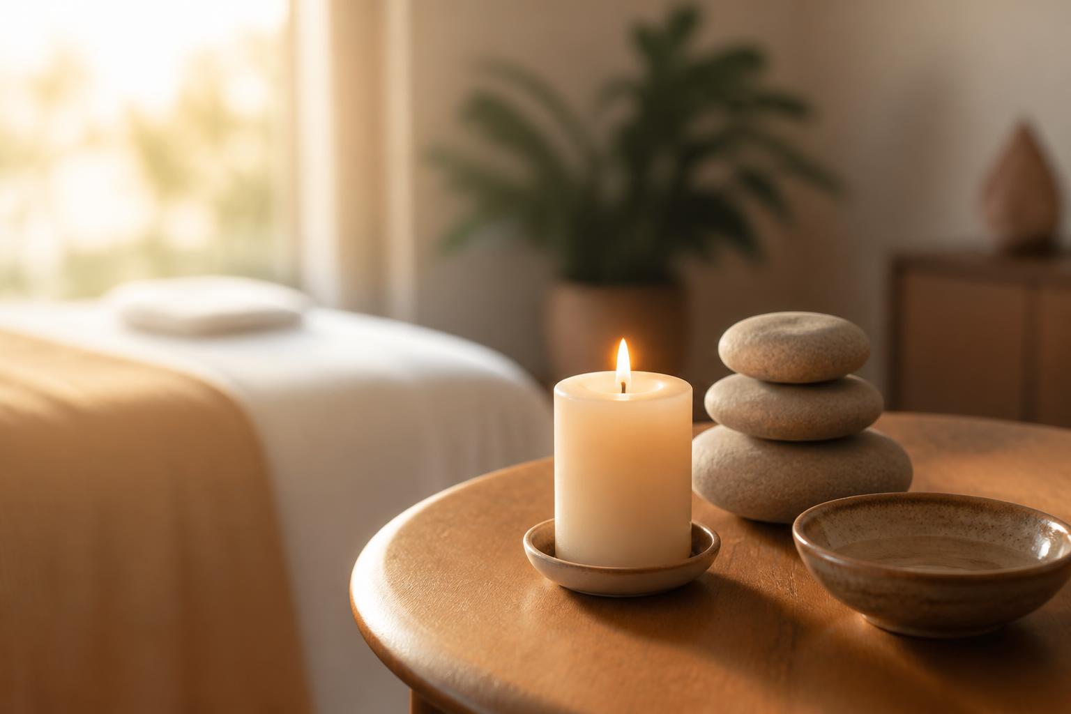 A lit candle, stacked smooth stones and a small bowl on a wooden table in a calm sunlit clinic