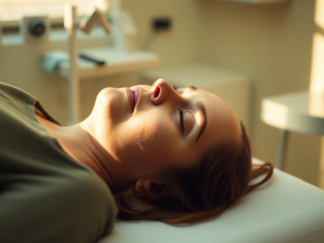 A person resting peacefully on a treatment table in soft warm light