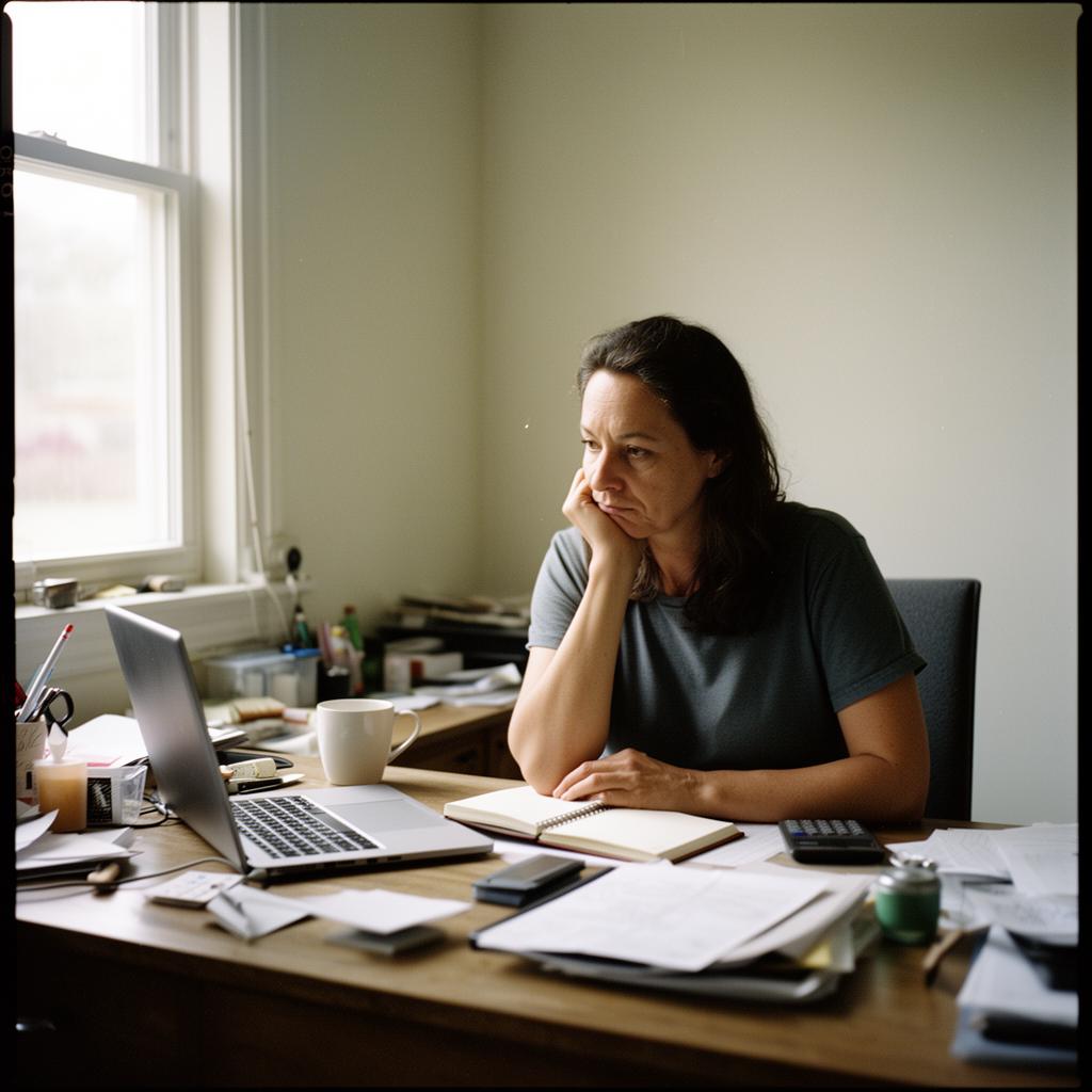A calm business owner at a modern desk in soft natural light