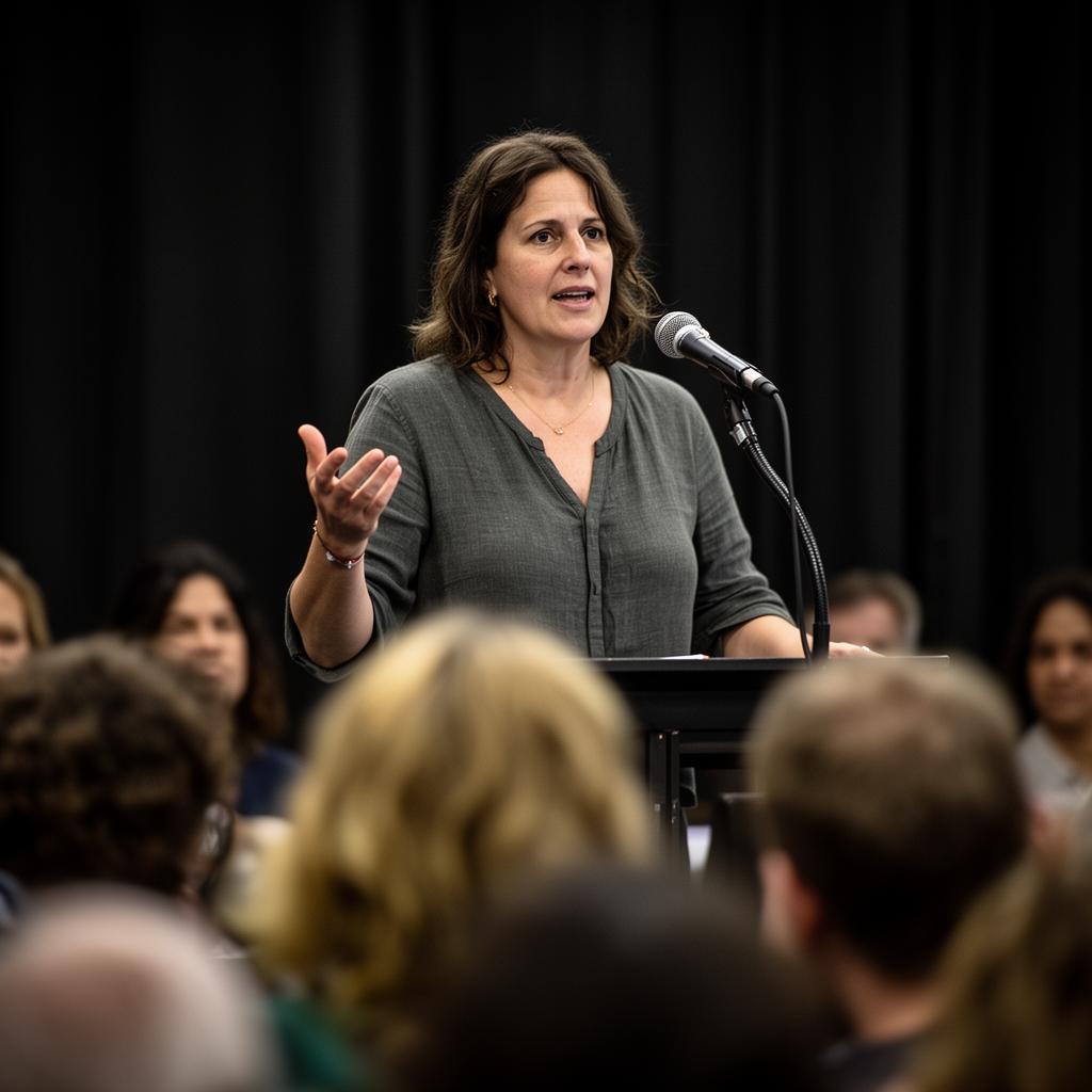 A speaker at a microphone presenting calmly to an audience