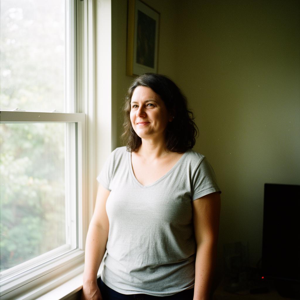A composed woman standing in soft window light