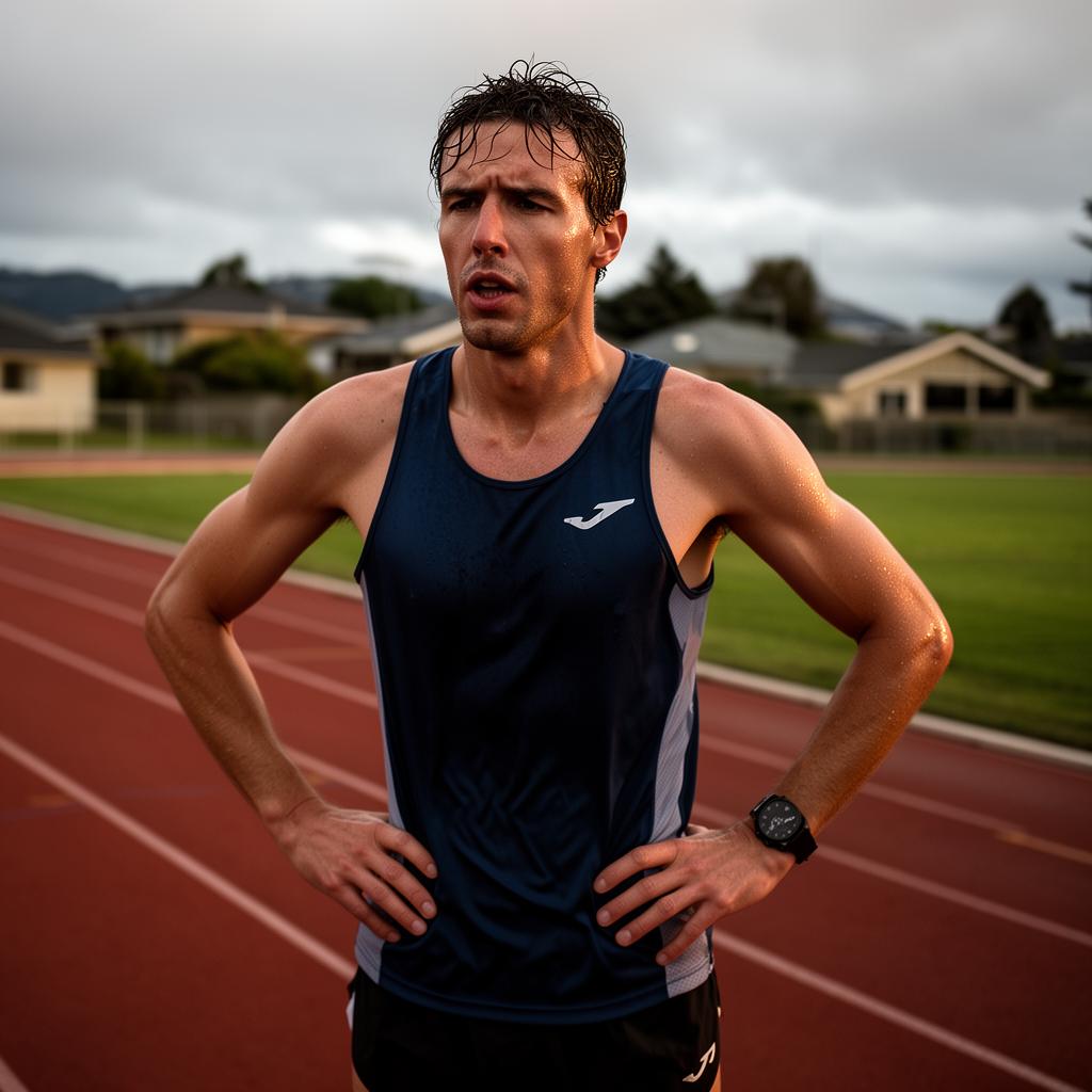 An athlete preparing mentally before competition at golden hour