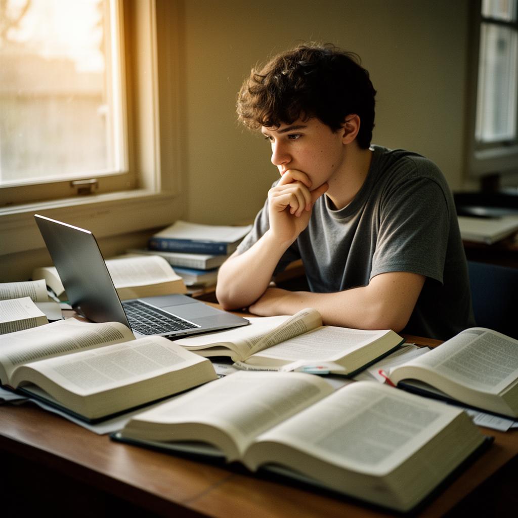 A focused student at a desk with books in warm afternoon light