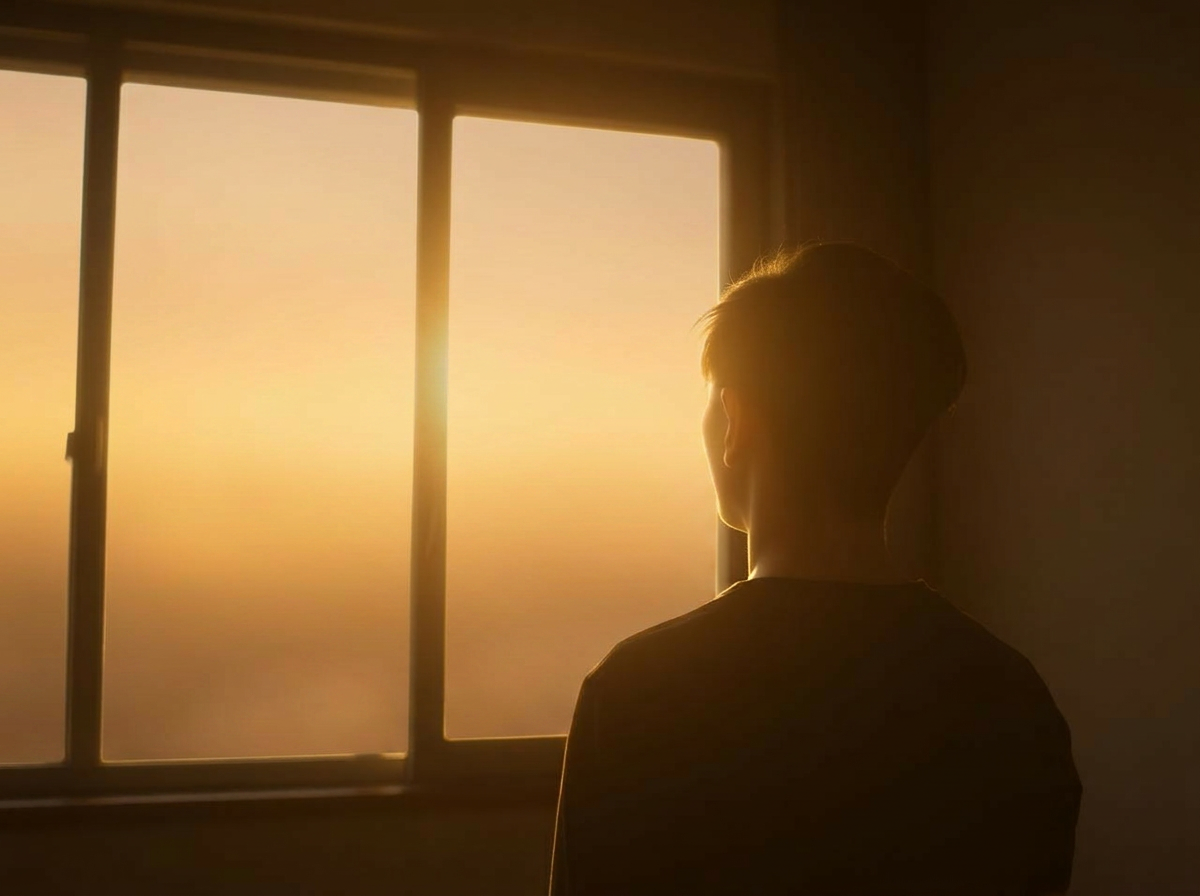 A solitary figure looking out a window at gentle morning light