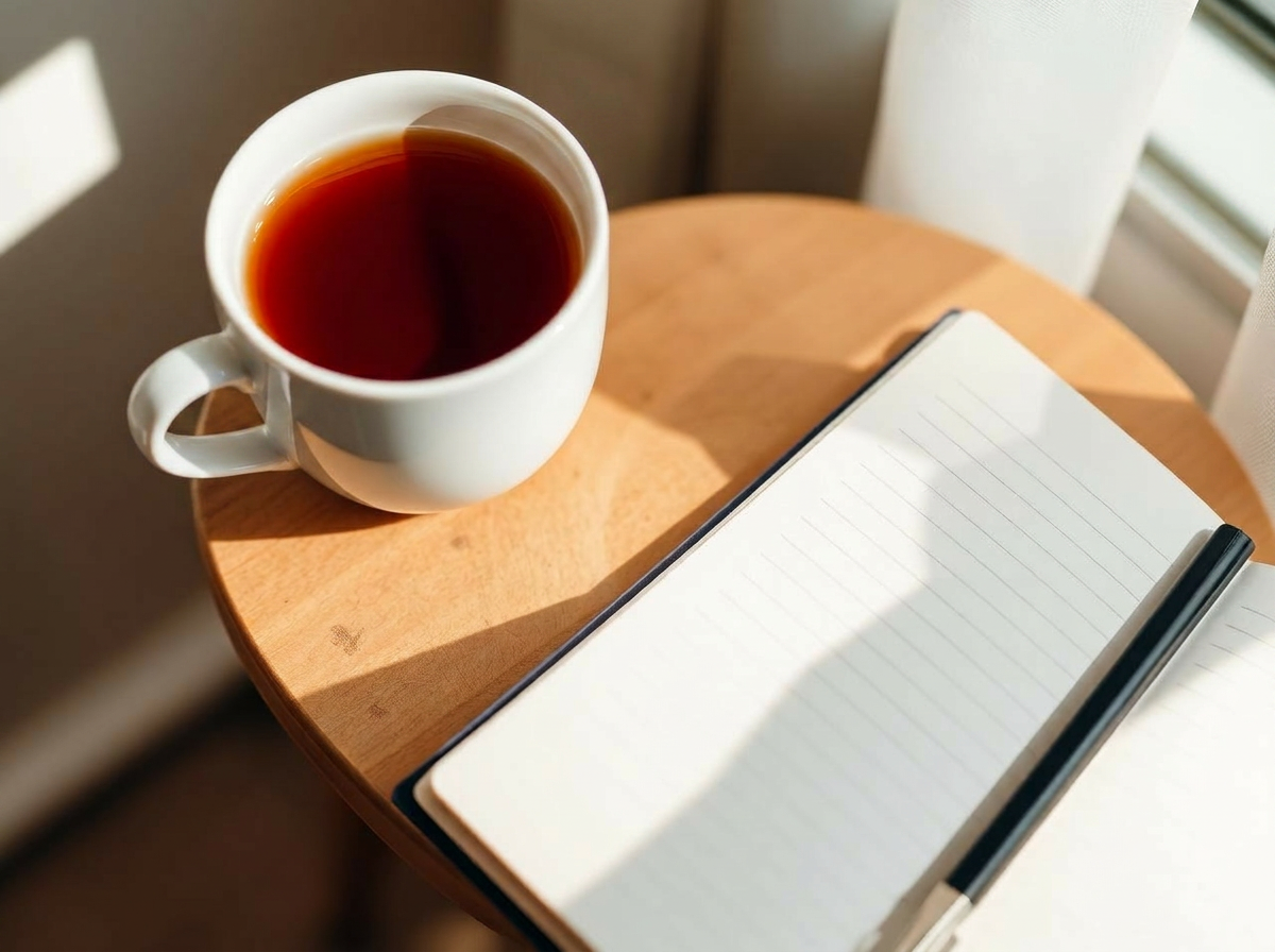 A cup of tea on a small side table beside an open notebook in soft daylight