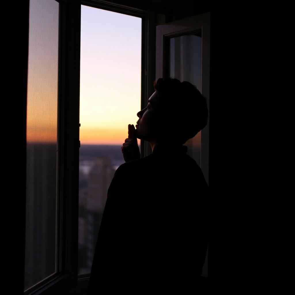 A person taking a slow breath by an open window at dusk