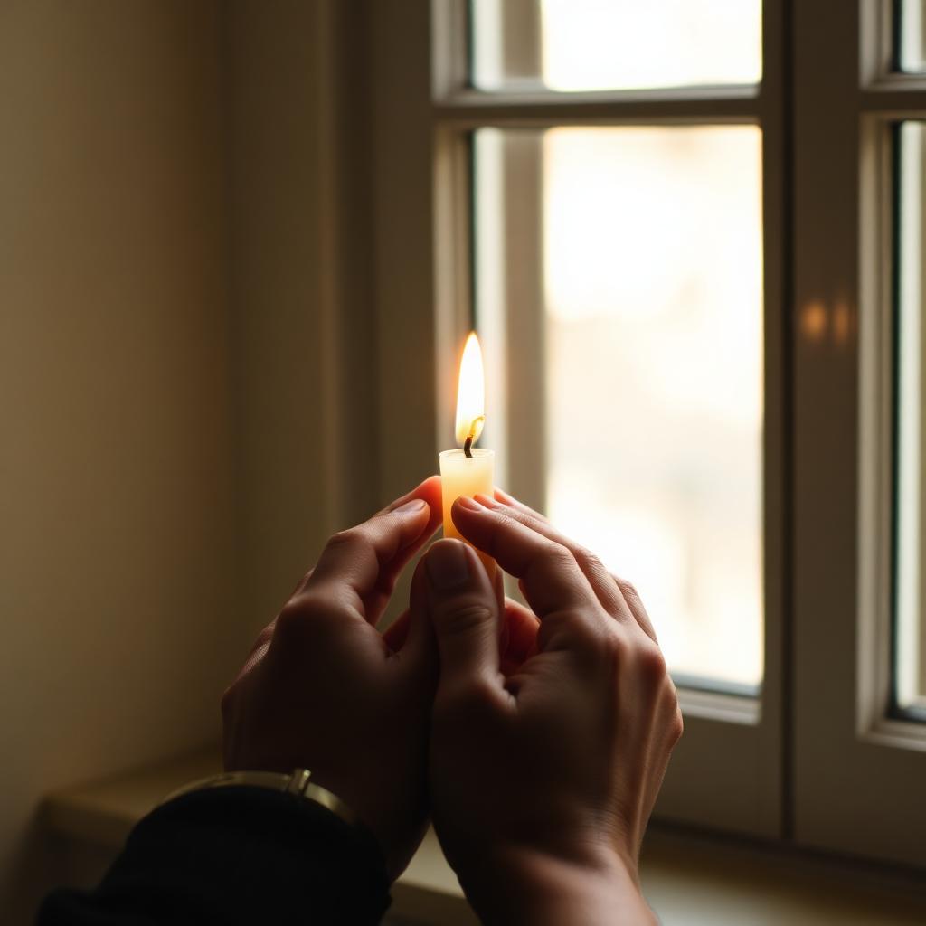 A pair of hands cupped around a single lit candle in soft window light