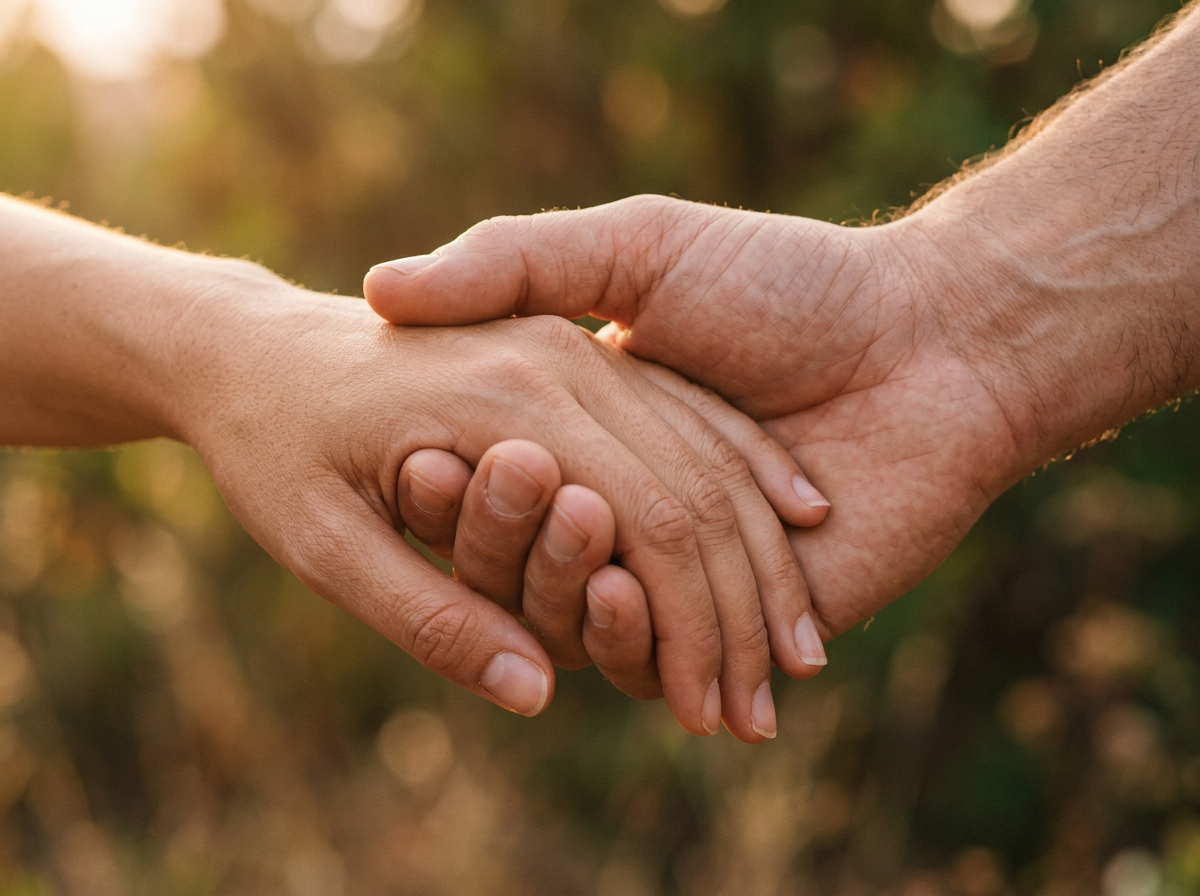 Close-up of two adult hands gently joined together in warm light