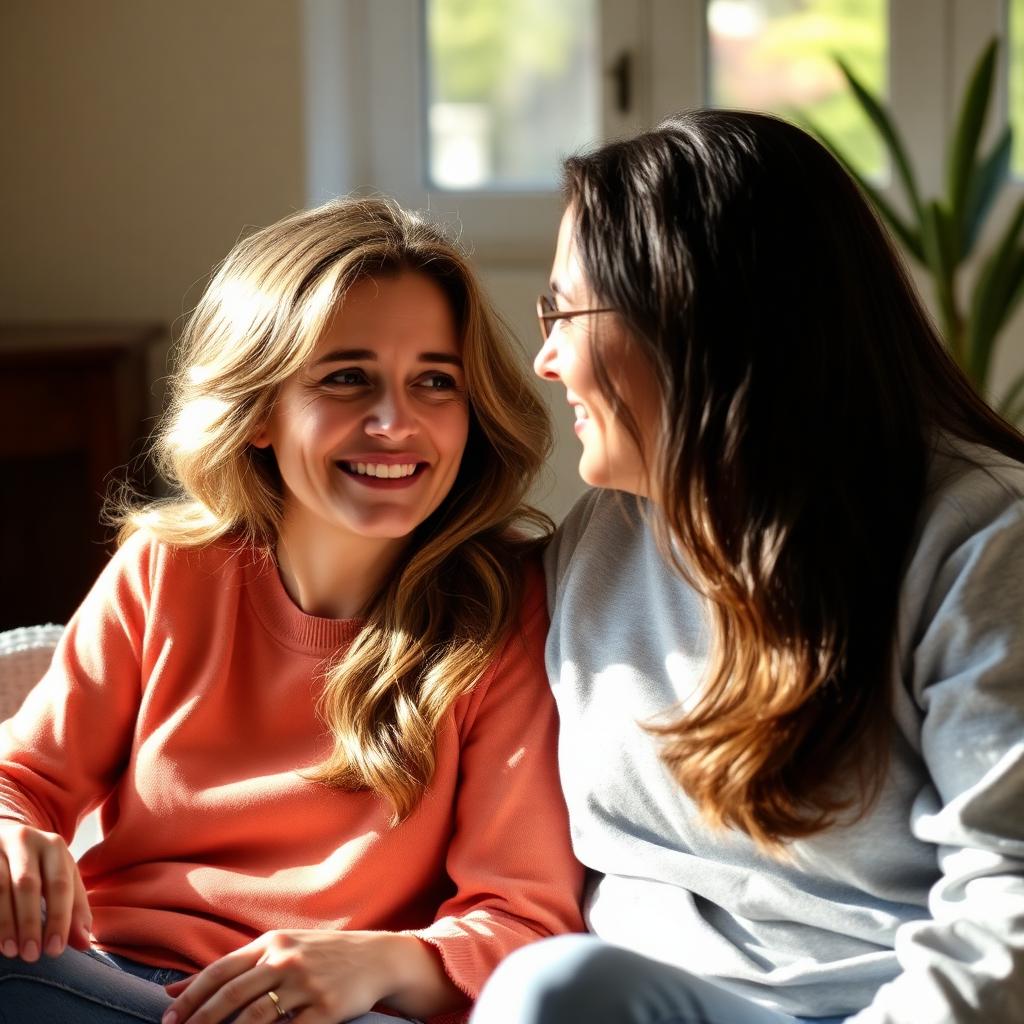 Two people in soft conversation in warm natural light