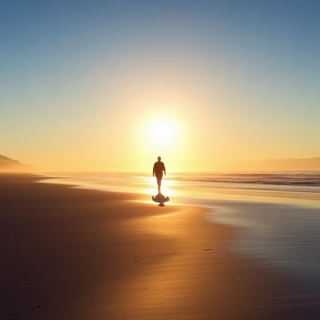 A solitary figure walking along a quiet beach at golden hour