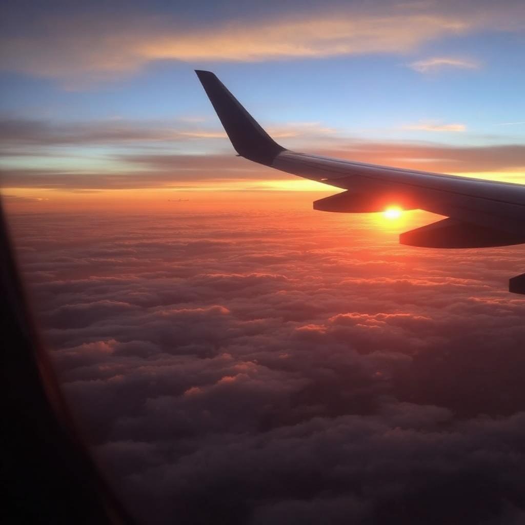 Calm view from a plane window above golden clouds at sunset