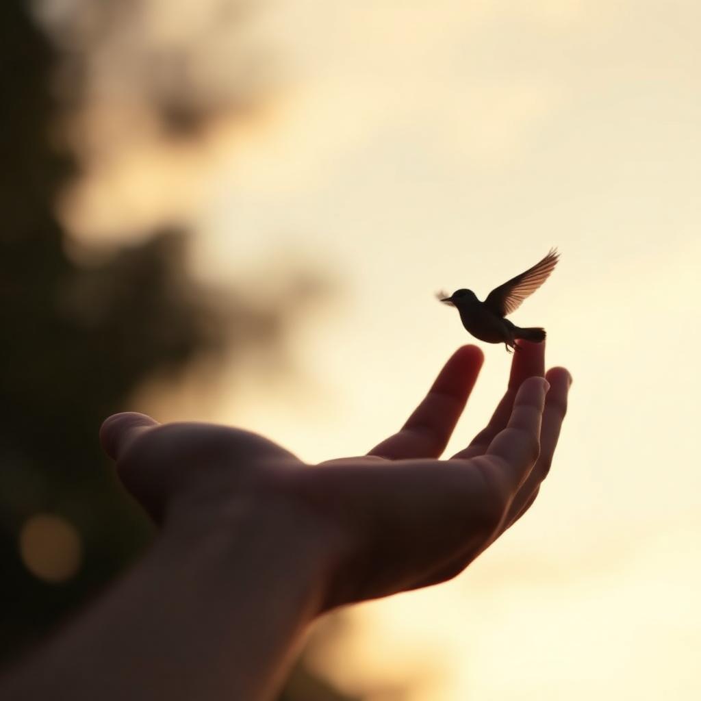 Open hand releasing a small bird into a soft, warm-lit sky