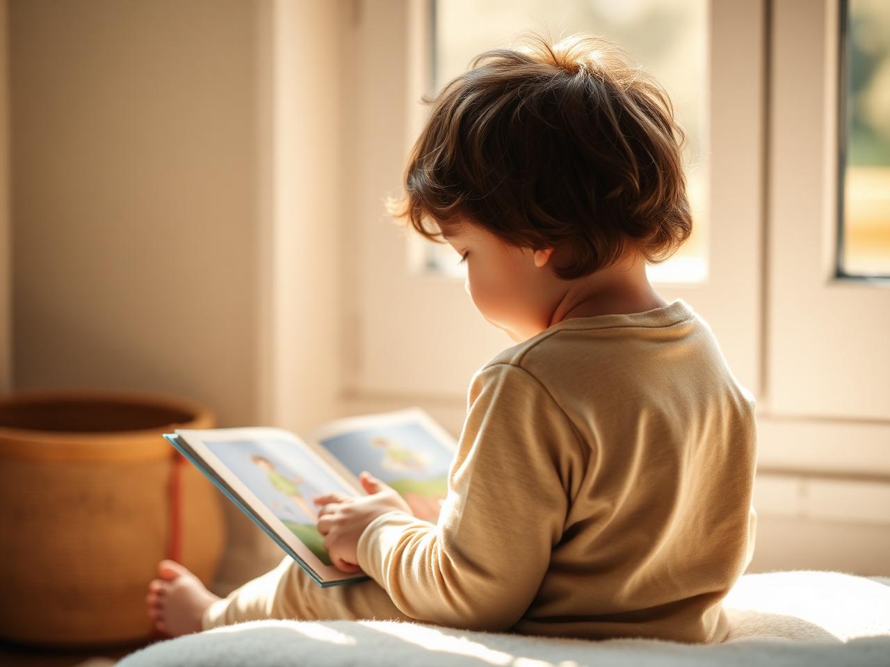 A young child sitting quietly reading a picture book in soft natural daylight