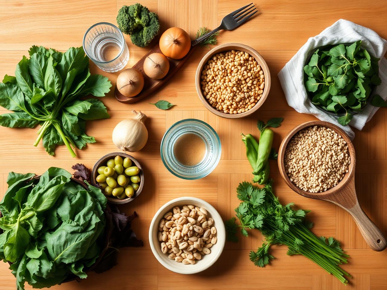 Overhead flat-lay of fresh vegetables, leafy greens and whole grains on a wooden table