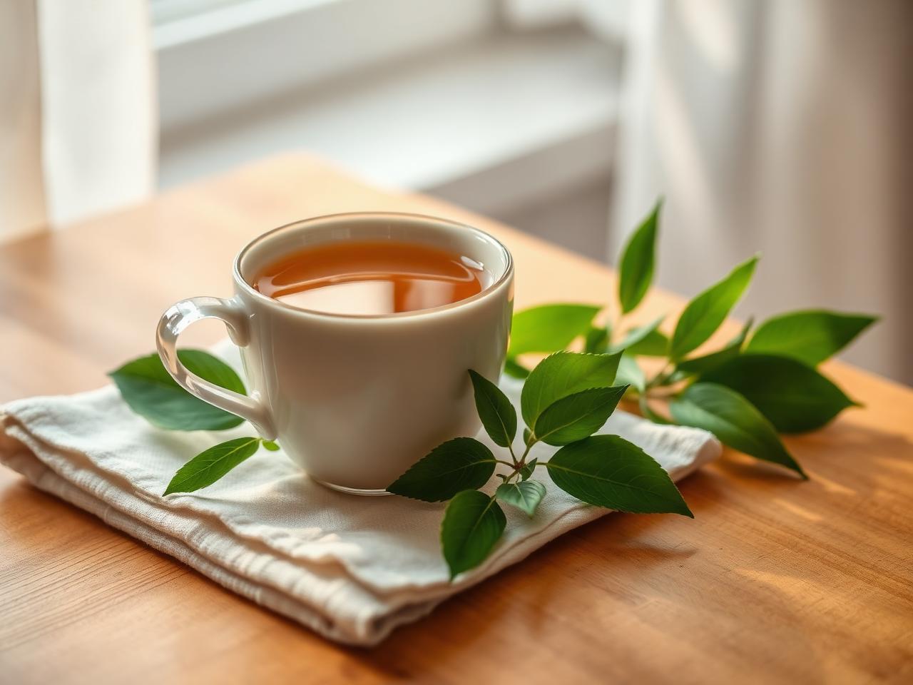 A warm cup of herbal tea with fresh green leaves on a wooden table in soft daylight