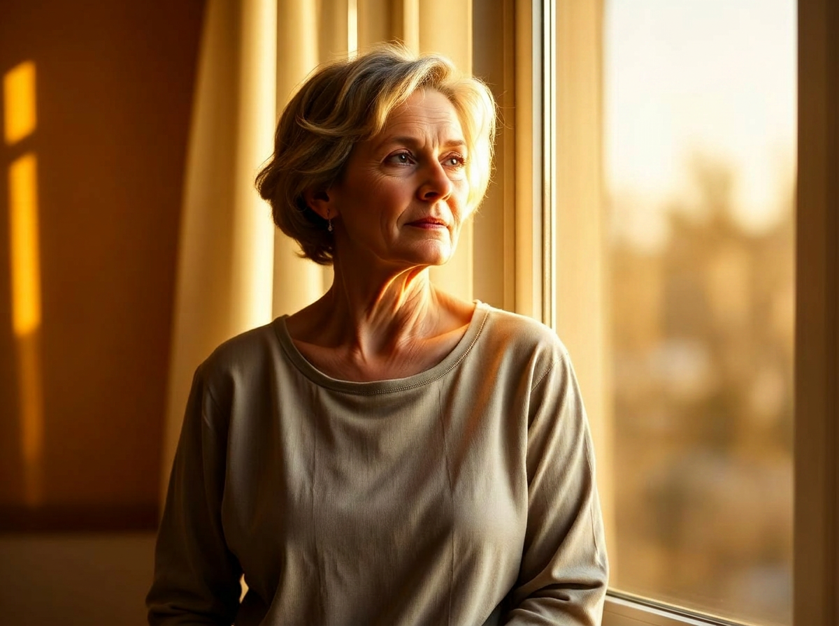 A woman in her fifties standing peacefully by a sunlit window