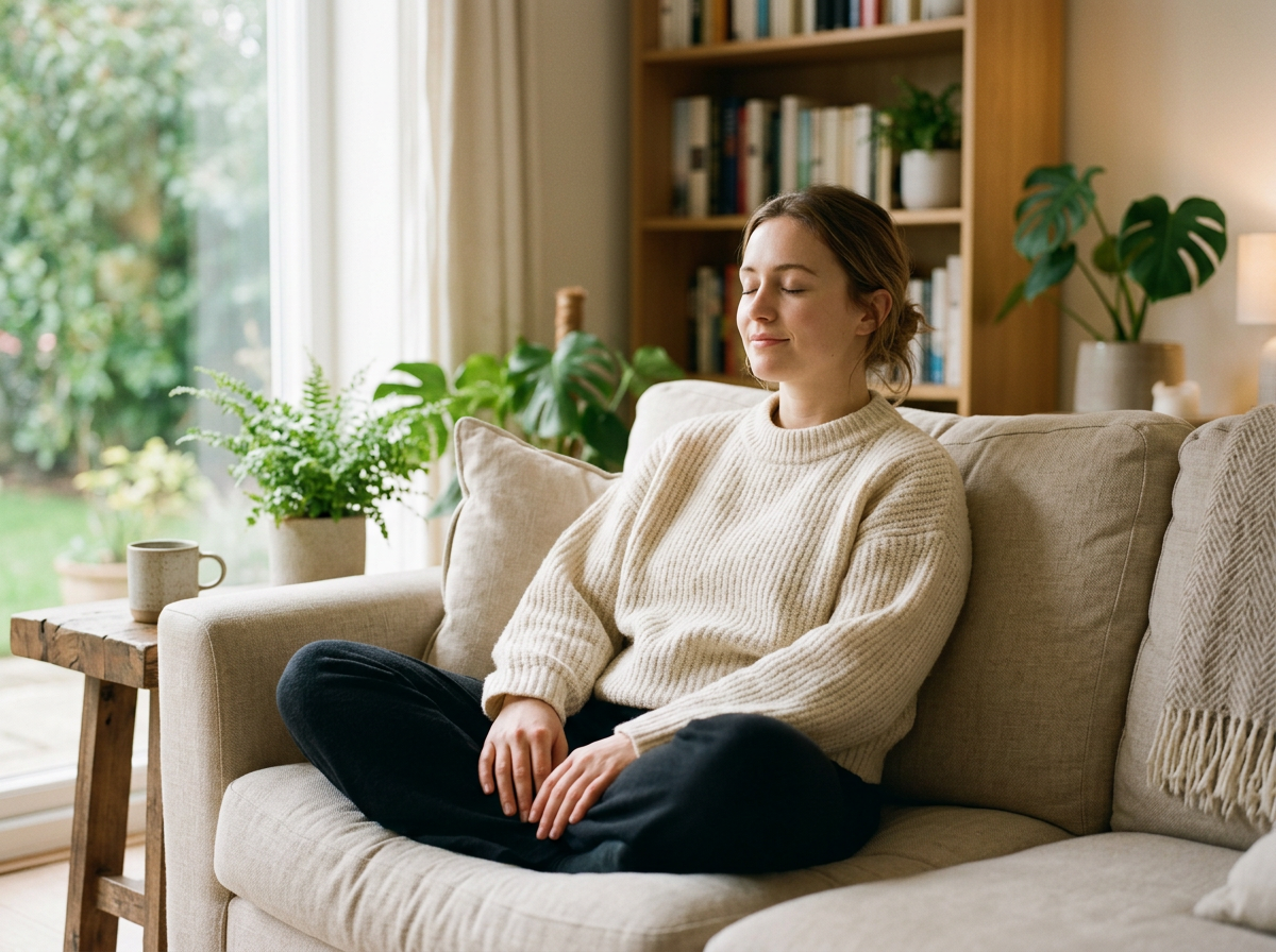 A person sitting calmly with eyes closed and a hand resting on their chest in soft window light
