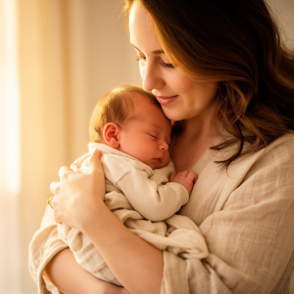 A mother gently holding her newborn baby in warm, peaceful light