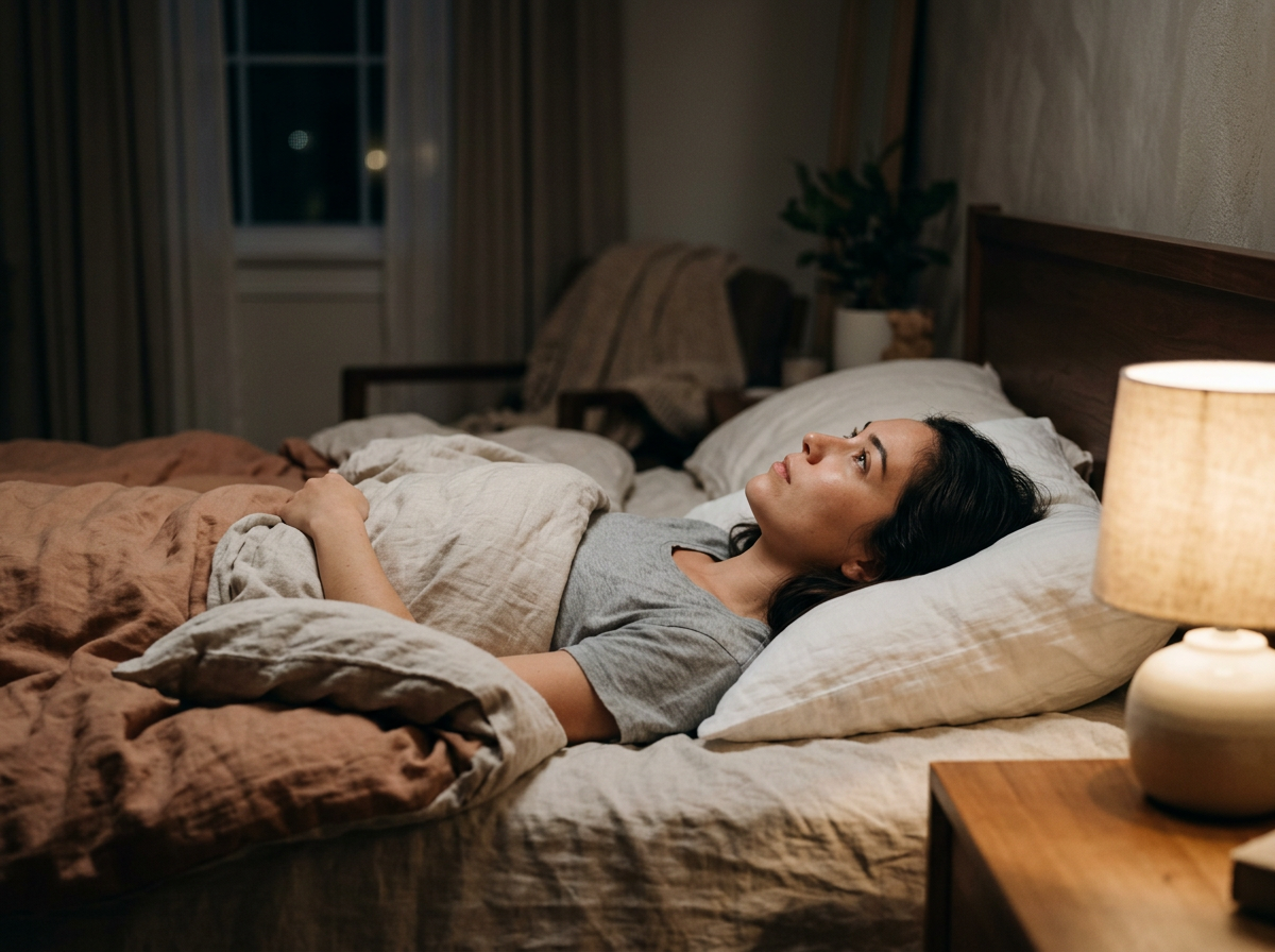 A person lying awake in bed at night, eyes open, in a softly lit bedroom