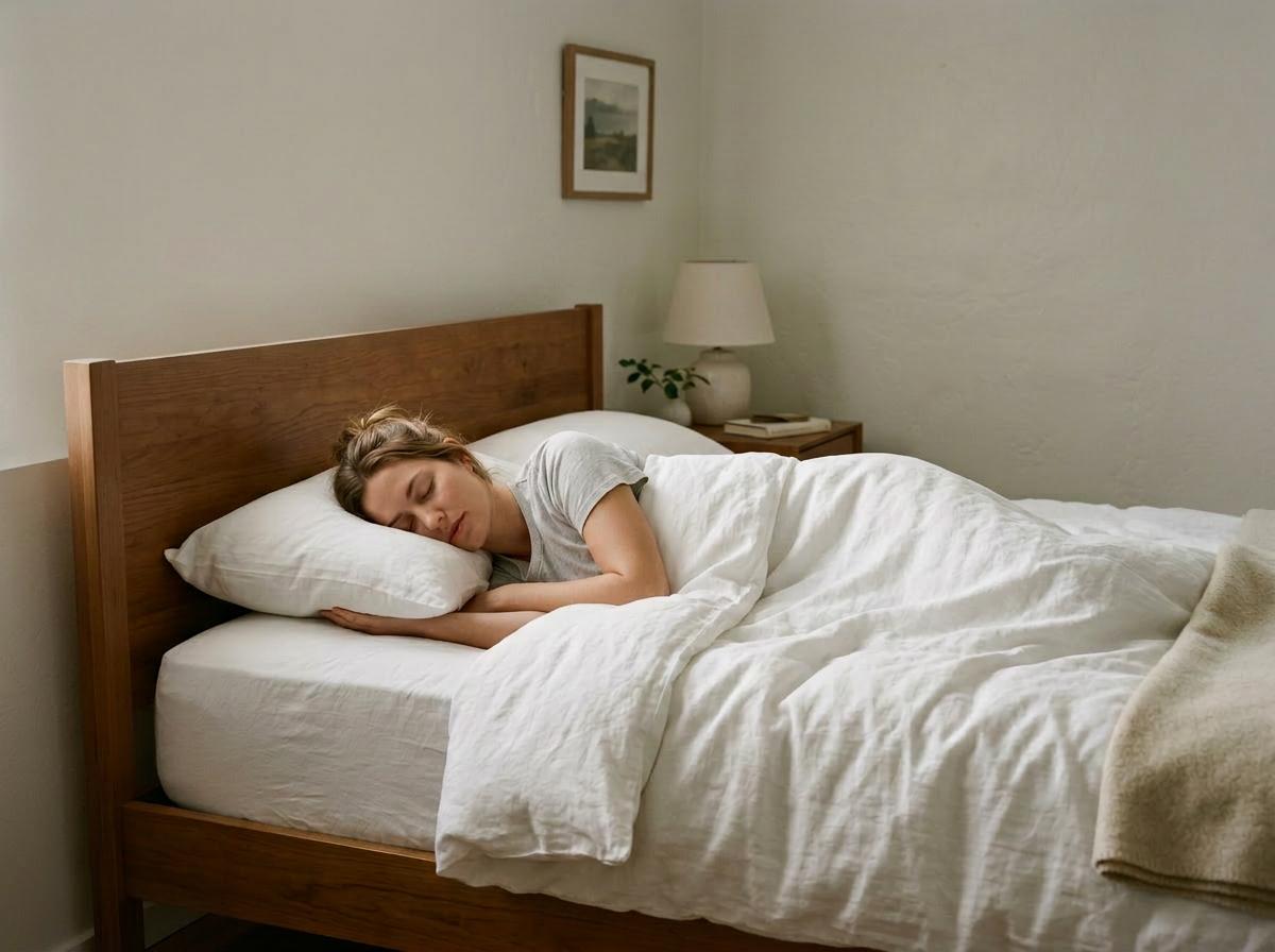 Woman sleeping peacefully in a bright, restful bedroom