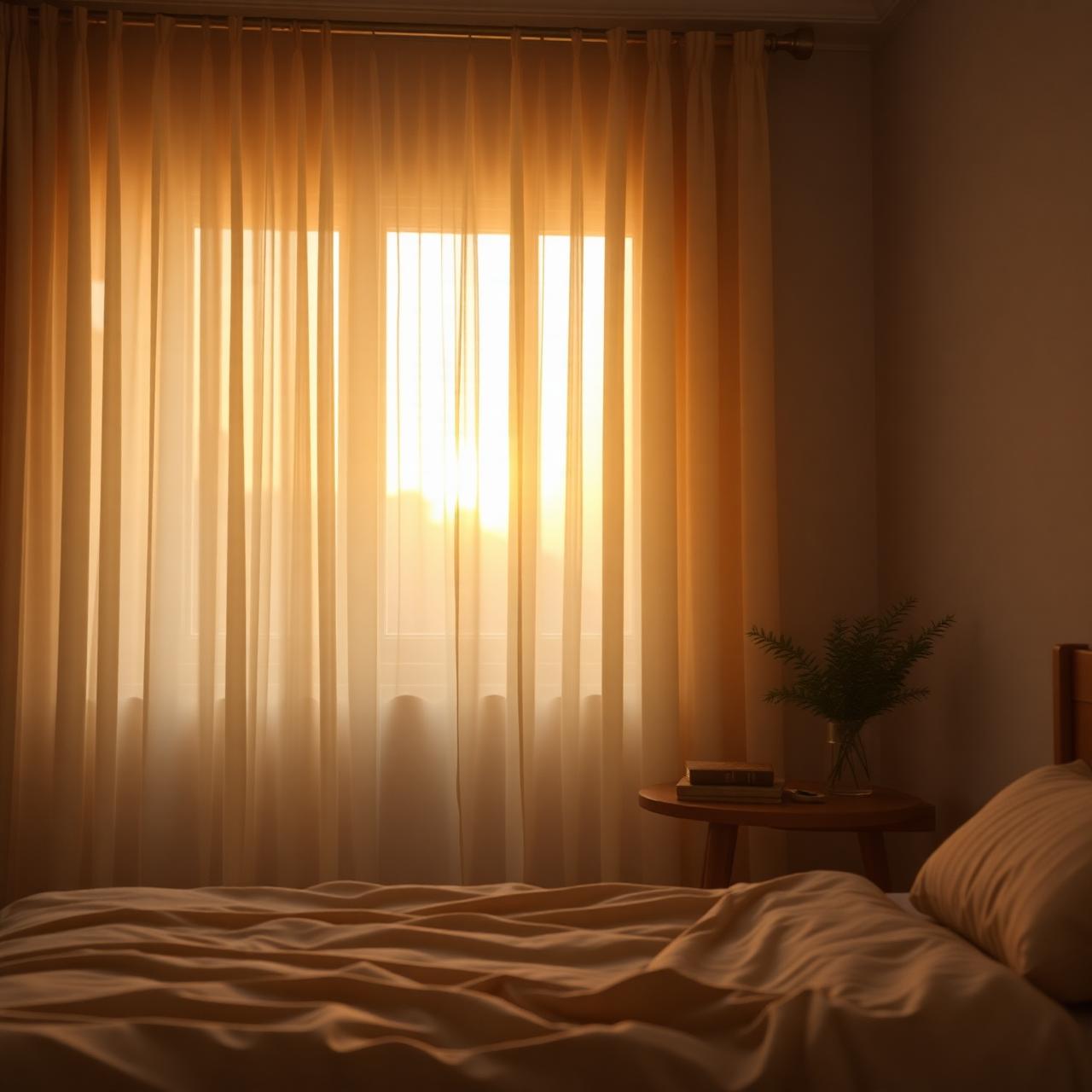 Soft golden sunrise light filtering through sheer bedroom curtains