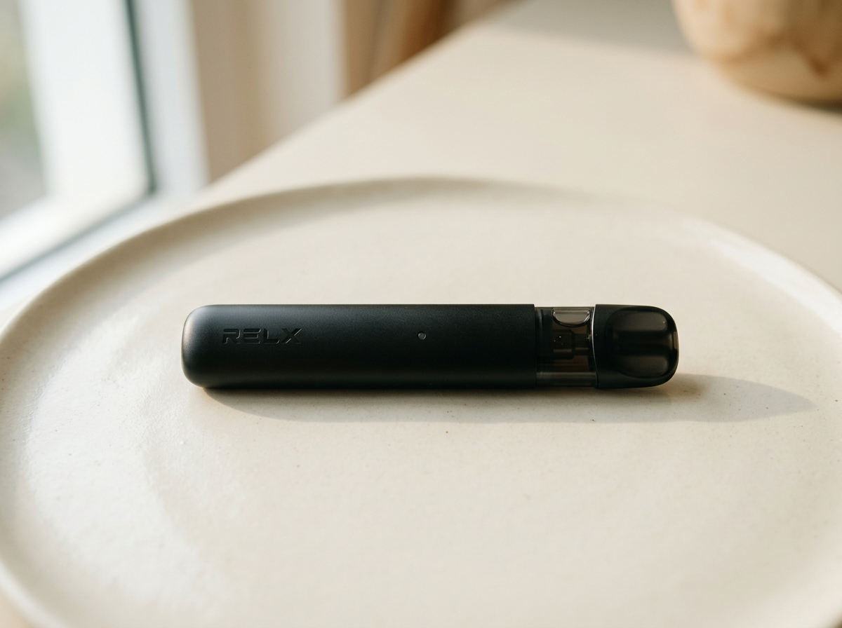 A modern vape device resting on a clean ceramic plate in soft natural light