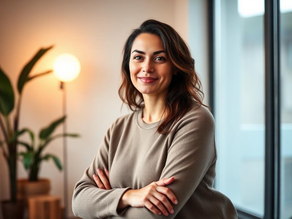 A confident person in a calm therapy setting, feeling empowered and in control